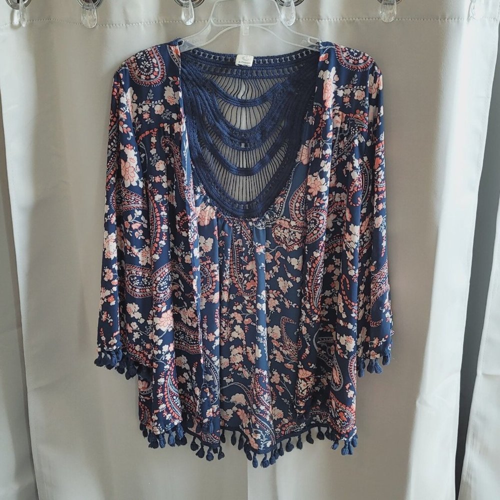 A MOon Womens Kimono Large Blue Open‎ Front Crochet Fringe Cardigan Boho 13679